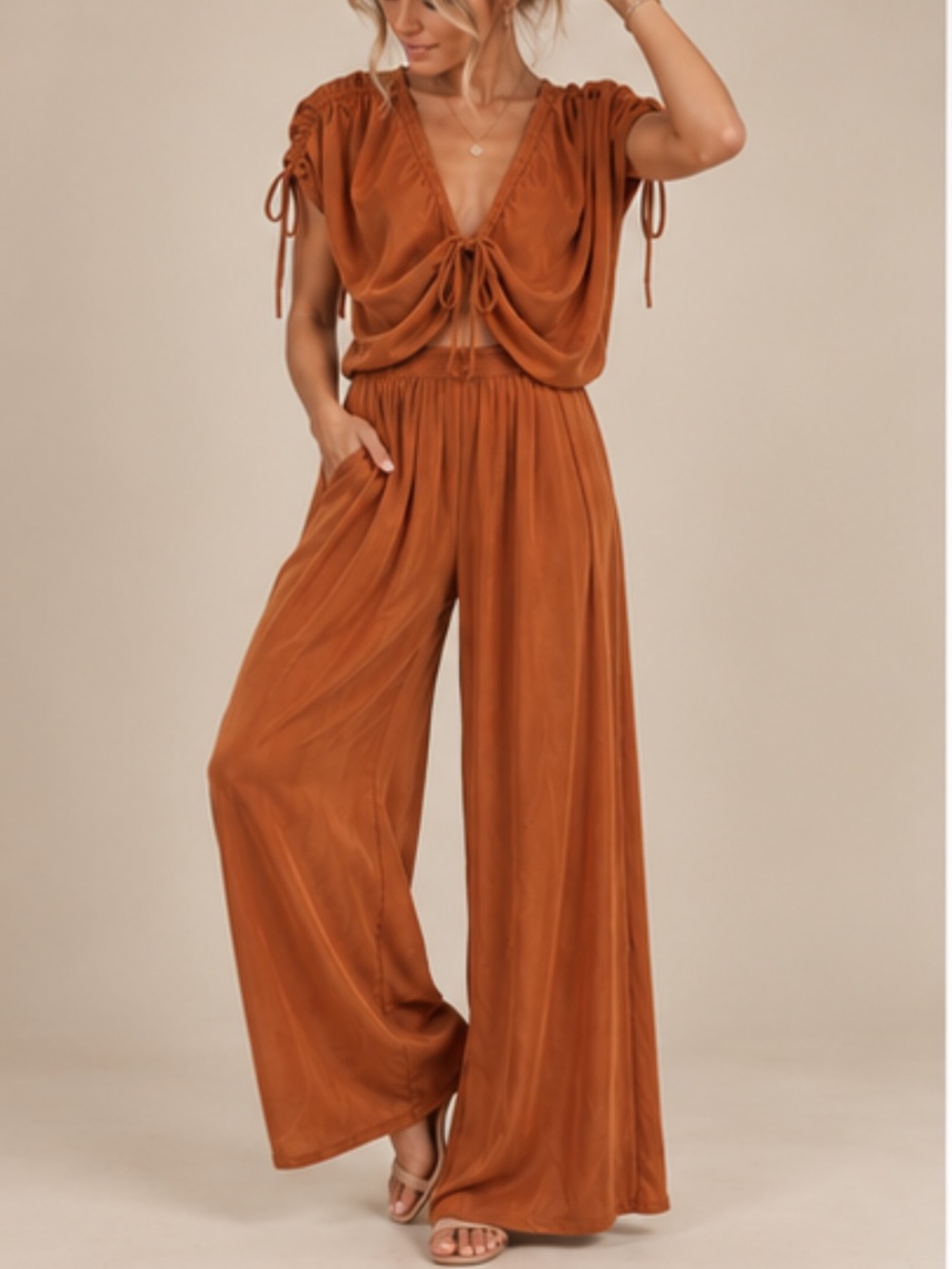 Zara Tie-Front Wide-Leg Jumpsuit in Rust - Picture 2 of 11